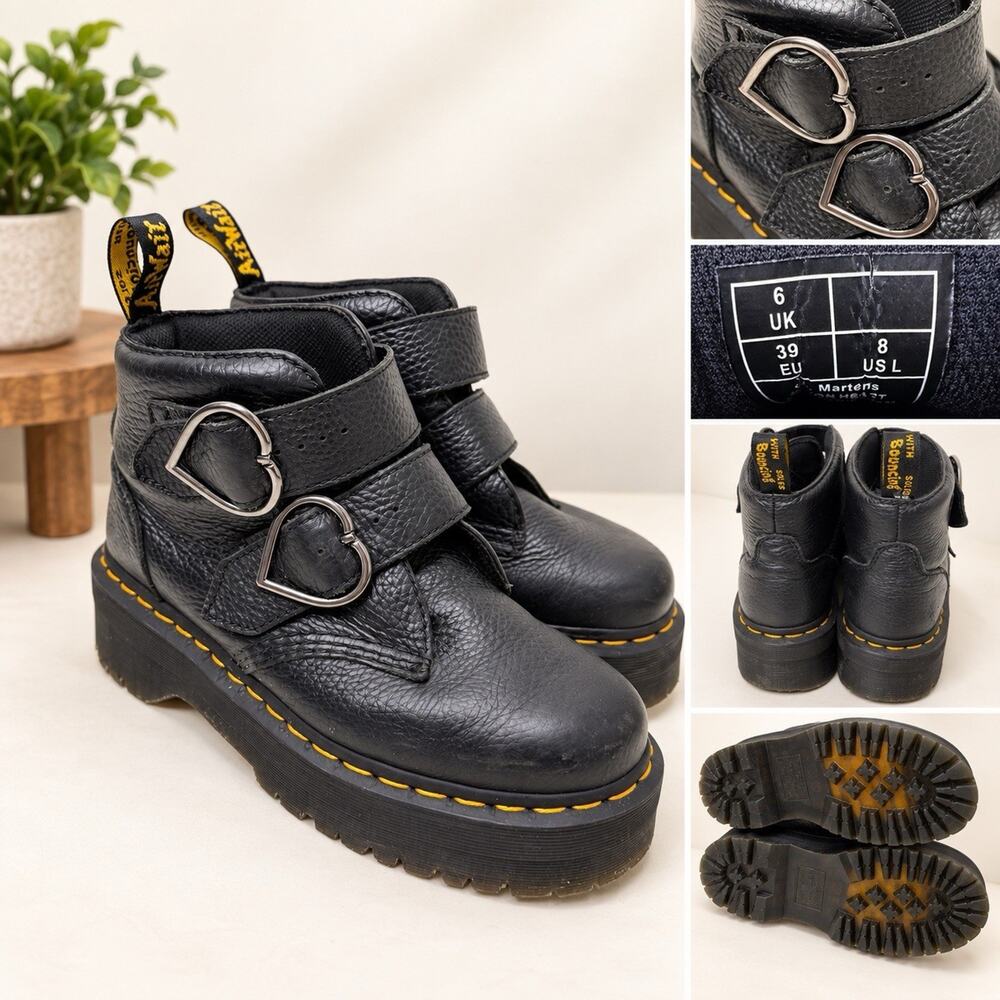 Dr. Martens Devon Heart Buckle Black Napa Leather Platform Boots Womens US 8